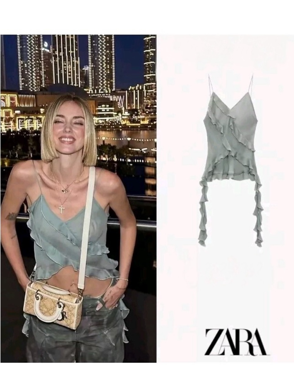 Zara Light Sage Green Ruffle Satin Cami Sz XS